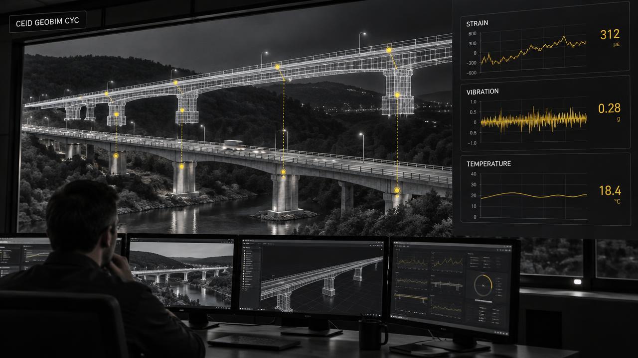 Gemelo digital de un puente con sensores y monitoreo estructural en tiempo real, imagen referencial